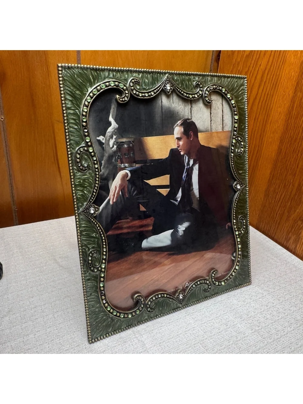 Vintage Jeweled 8x10 Picture Frame Green Ornate Resin Rhinestone Easel
